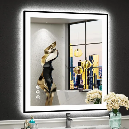 Miniatura 33 de 30x36 Espejo de baño LED con luces, retroiluminado y luz frontal, espejo de tocador iluminado antivaho para pared de baño, 3 colores, regulable