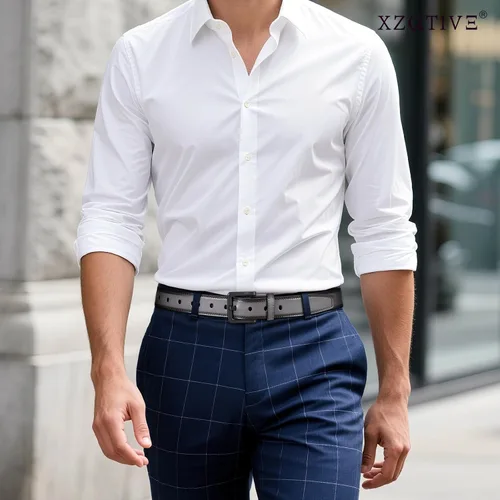 Miniatura 3 de XZQTIVE Cinturón de cuero hipoalergénico sin metal para hombre, cinturón de cuero para jeans y vestido, sin níquel, con hebilla negra