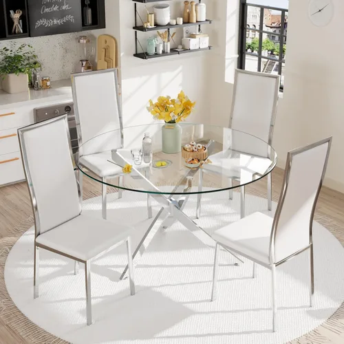 Juego de 4 sillas de comedor modernas - Piel sintética blanca con patas de metal cromado plateado, diseño de respaldo alto curvo y acolchado tipo
