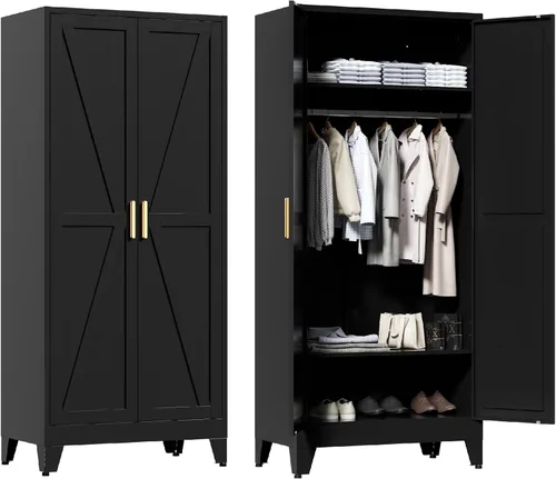 Miniatura 9 de Washsemba 180 cm de armario de metal para casa rural con barra para colgar, 2 armarios de granero con estantes ajustables, cajón, para comedor
