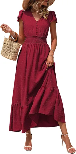PRETTYGARDEN Vestido de cóctel largo de manga corta con cuello en V para mujer, diseño de lunares suizos con volantes y escalonado