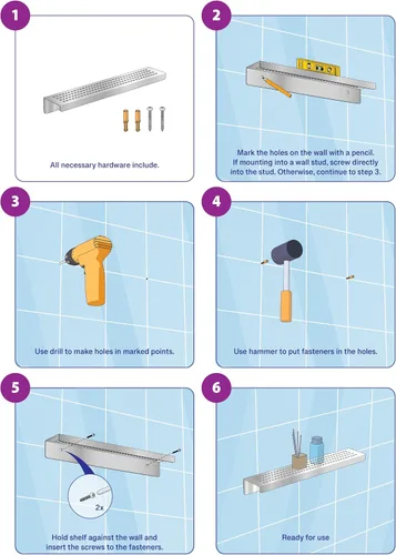 Miniatura 5 de SereneDrains Estante de ducha de acero inoxidable de níquel cepillado para taladro de ducha interior, montaje en pared, estante pequeño de baño