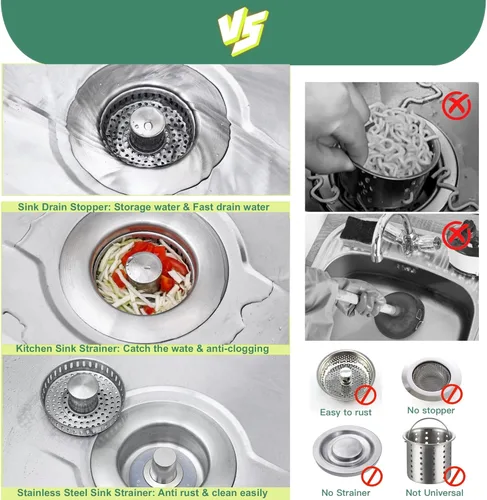 Miniatura 4 de Colador de drenaje para fregadero de cocina 3 en 1, tapón de fregadero desplegable de acero inoxidable 304, tapón antiobstrucción para fregadero