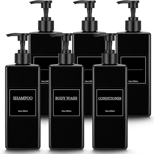 Tanlade 6 botellas dispensadoras de champú y acondicionador de 16 onzas, modernas botellas de jabón de ducha con bomba, etiquetas y rotulador,
