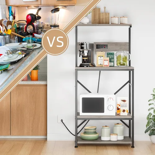 Miniatura 7 de JAMFLY Estante para hornear de cocina con toma de corriente, soporte para microondas con 6 ganchos en forma de S, barra de café de 4 niveles
