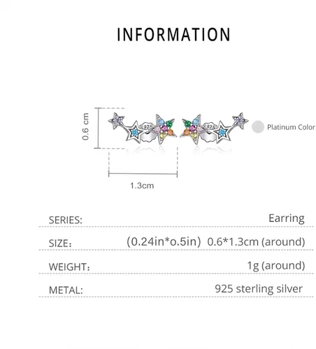 Miniatura 5 de Aretes de plata de ley 925 con estrellas, coloridos aretes de circonita cúbica, hipoalergénicos, para niñas y mujeres, en caja de regalo, Plata
