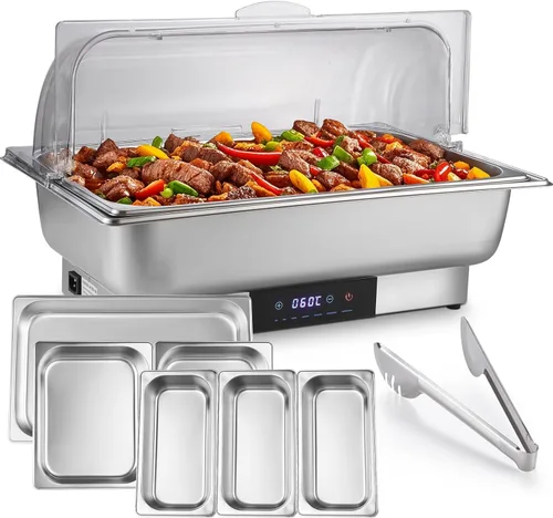 Miniatura 9 de Juego de servidor de platos de cocina eléctrico para bufé, bandejas de alimentos de acero inoxidable de tamaño completo y mediano y de tres