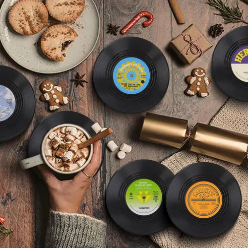 Miniatura 2 de Divertidos posavasos retro para bebidas con soporte para reproductor de vinilo, juego de 6 posavasos de elefante blanco para amantes de la música