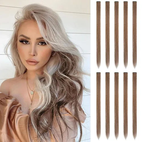 Miniatura 42 de FESHFEN Extensiones de cabello con clip de colores, 16 piezas de 8 colores resaltados, piezas de cabello sintético lacio con clip para mujer, 22