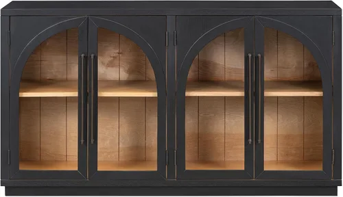 Miniatura 7 de SOFTSEA Tablero de tamaño de 60 pulgadas con puertas de vidrio arqueadas, aparador moderno de mediados de siglo con estantes ajustables para sala