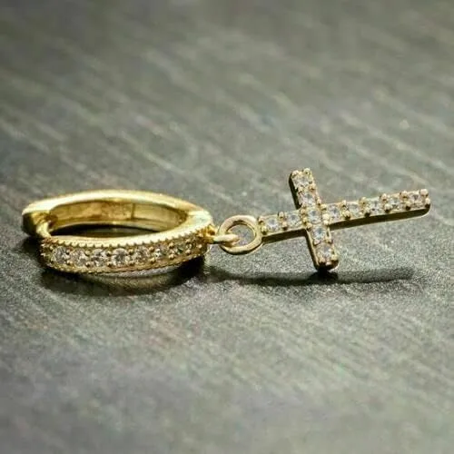 Miniatura 3 de TISHYA JEWELLERS Pendientes de aro colgantes con cruz de diamantes redondos de 2.00 quilates para hombre de oro amarillo de 14 quilates Fn, Piedra