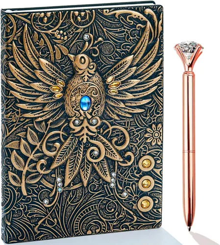 Miniatura 11 de Diario de escritura vintage de piel en relieve 3D Phoenix con juego de bolígrafos dorados, tamaño A5, 200 páginas, cuaderno de bocetos antiguo hecho