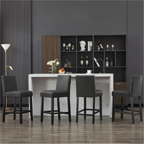 Miniatura 7 de Juego de 3 taburetes de bar de piel sintética de 26 pulgadas, modernas sillas de bar tapizadas de altura de barra, taburetes de bar con patas