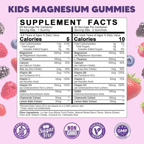 Miniatura 3 de Gomitas de magnesio para niños, gomitas de glicinato de magnesio 400 mg/200 mg con L-teanina, manzanilla, vitamina B6, D3 para niños, relajación
