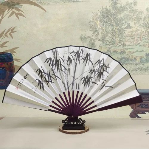Miniatura 4 de Fox Baby 2 abanicos de mano plegables grandes, abanicos de tela de bambú de 13 pulgadas con pintura tradicional china para rendimiento, decoraciones