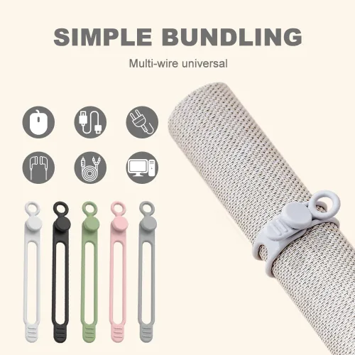 Miniatura 5 de Organizador de cables de datos, brida de silicona 2025, soporte multiusos para cables para oficina y hogar, correa de alambre ajustable