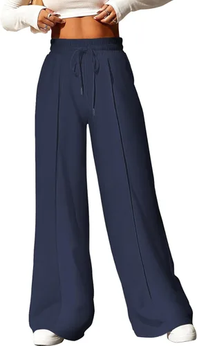 Aleumdr Pantalones deportivos de cintura alta con cordón y pierna ancha con bolsillos, pantalones de yoga sueltos casuales para mujer