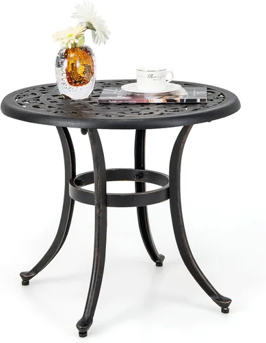 Tangkula Mesa auxiliar de patio de 24 pulgadas, mesa auxiliar de aluminio fundido con almohadillas ajustables, mesa de centro pequeña para