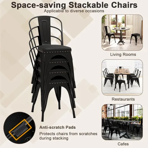 Miniatura 6 de Giantex Juego de 4 sillas de comedor de metal, sillas auxiliares apilables de cocina sin brazos con respaldo desmontable y asiento acolchado de piel