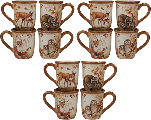 Miniatura 5 de Pine Forest - Tazas de cerámica Woodland de 16 onzas, juego de 4 tazas de café de vida silvestre otoñal con zorro, búho, ciervo y mapache, ideal
