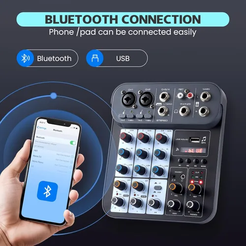 Miniatura 6 de Mezclador de audio DJ de 4 canales, mezcladores de sonido, placa de mezcla de sonido XLR 1/4" de interfaz, entrada BT USB MP3 para computadora