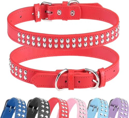 Miniatura 15 de BINGPET Collar de cuero ajustable para perro, collar duradero con tachuelas, con hebilla de metal y anillo en D para perros pequeños, medianos
