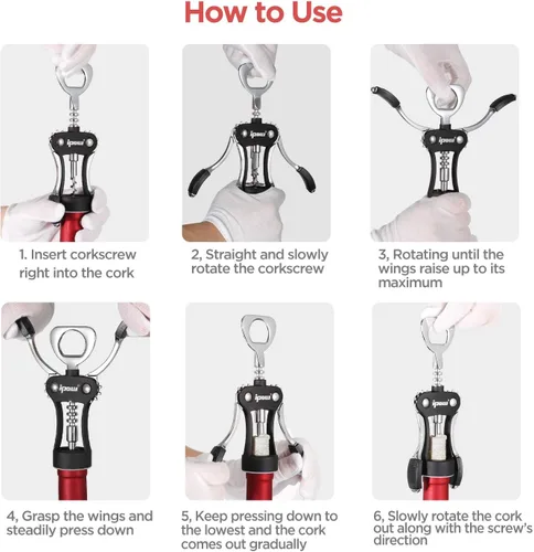 Miniatura 7 de IPOW Abridor de vino, abridor de botellas de vino de aleación de zinc, sacacorchos de ala resistente, sacacorchos multifuncional manual para Negro