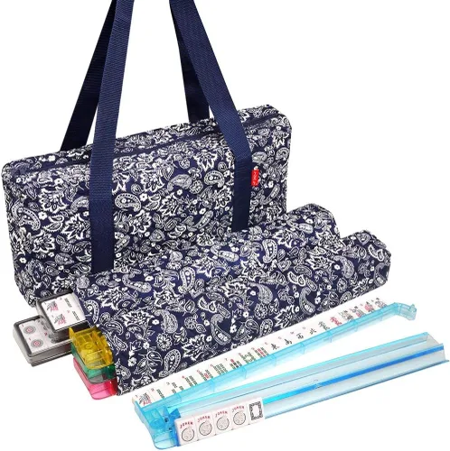 Juego de Mahjong americano por Linda Li™,166 azulejos blancos, 4 rack todo incluido, bolsa suave Azul Paisley, juego Mahjongg completo tamaño