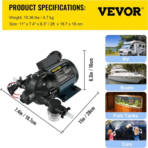Miniatura 7 de VEVOR Bomba de Lavado, 12 V CC, 7 GPM 60 PSI, máx. 10 pies de elevación, bomba de agua autocebante, con válvula EPDM, colador universal de agua