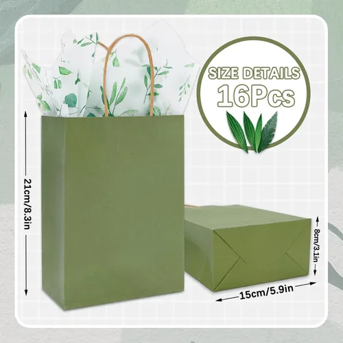 Miniatura 2 de Whaline 16 bolsas de papel kraft verde salvia con asas, 20 piezas de papel de seda de eucalipto, bolsa de golosinas a granel para baby shower