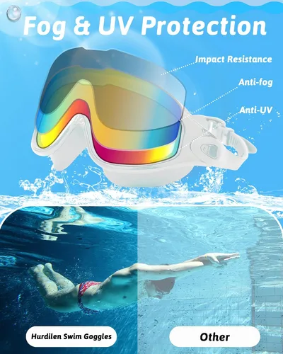 Miniatura 4 de Gafas de natación antivaho anti UV, visión amplia y sin fugas, gafas de natación y gorro de natación para hombres, mujeres, adultos y jóvenes Blanco