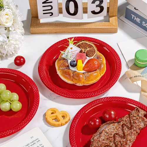 Miniatura 9 de WELLIFE Platos de plástico rojos de 7 pulgadas, 50 platos desechables para fiesta, día de la madre, plato pequeño de postre para cena, pasteles