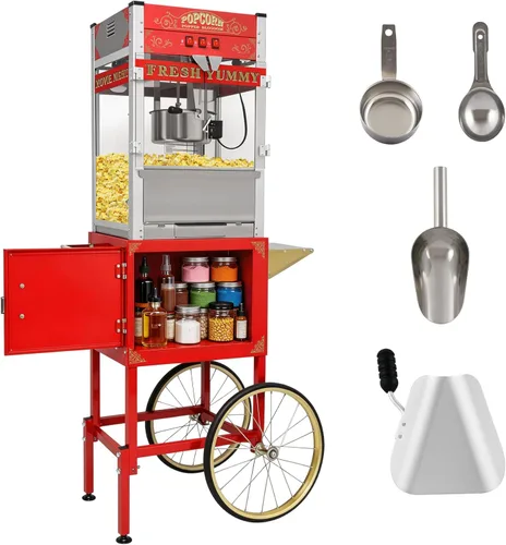 Miniatura 16 de Máquina de palomitas de maíz de 8 onzas con carrito (rojo) - Máquina portátil de palomitas de maíz vintage, control de doble interruptor con 3