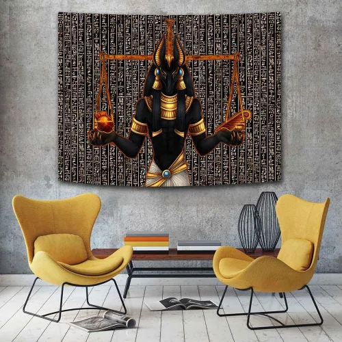 Miniatura 7 de Ine Ive Tapiz de estatua egipcia de Anubis, tapiz religioso mítico del antiguo Egipto, 40 x 30 pulgadas, jeroglíficos egipcios, decoración de pared