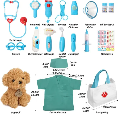 Miniatura 5 de Liberry Kit de médico para niños pequeños de 3, 4, 5, 6 años, 28 piezas con juguete para perro, estetoscopio y disfraz de disfraz, regalo médico