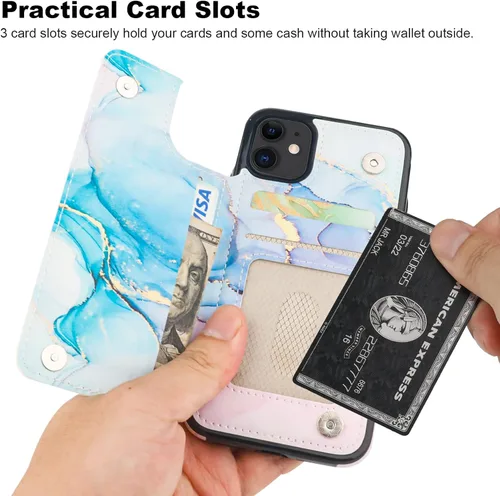 Miniatura 3 de HAOPINSH Funda tipo cartera para iPhone 11 con portarjetas, patrón de mármol rosa azul con tapa trasera plegable, funda de cuero PU con soporte
