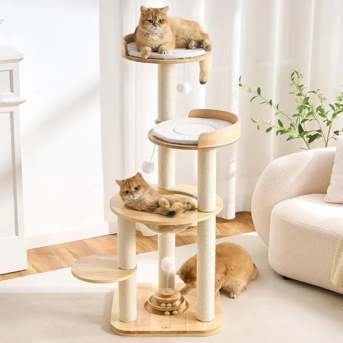 Miniatura 14 de 797Audio Moderno árbol de madera para gatos, árbol estético para gatos de 46 pulgadas con postes rascadores de madera de pino natural y condominio
