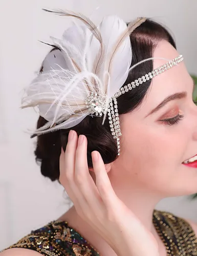 Aimimier Diadema de plumas para novia de los años 20 con cadena de cabeza de cristal, borla de plumas blancas rugientes de los años 20, accesorios