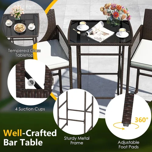 Miniatura 8 de Tangkula Juego de barra de patio de 3 piezas, mesa de metal de altura de barra de mimbre para exteriores de servicio pesado y sillones con cojines
