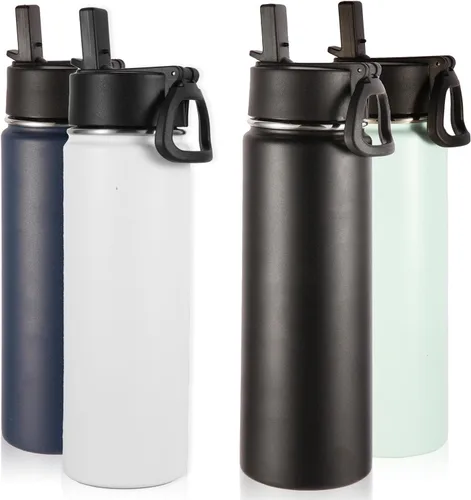 Miniatura 43 de Volhoply Botellas de agua aisladas con popote a granel, paquete de 4, botella deportiva de acero inoxidable de 22 onzas con tapa, vasos de agua