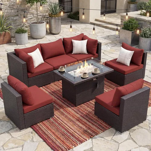Miniatura 100 de NICESOUL Juego de muebles de patio para exteriores de 7 piezas con mesa para hoguera, gas natural y propano convertible, respaldo alto de 29.3