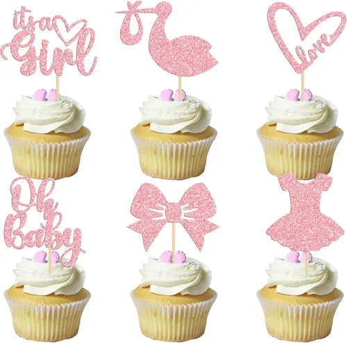 Miniatura 15 de Gyufise 36 piezas Adornos para cupcakes de baby shower con purpurina, chupete, carrito de bebé, oso, Oh Baby, púas para cupcakes para revelación