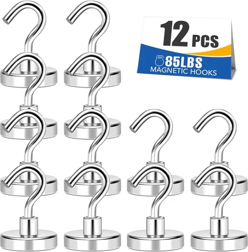 Miniatura 10 de MIKEDE Ganchos magnéticos negros resistentes de 30 libras, imanes fuertes con ganchos de metal para soportes colgantes al aire libre, 6 ganchos