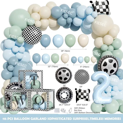 Miniatura 3 de Dos decoraciones de cumpleaños rápidas para niños – 138 piezas de auto de carreras de 2º cumpleaños suministros de fiesta con telón de fondo