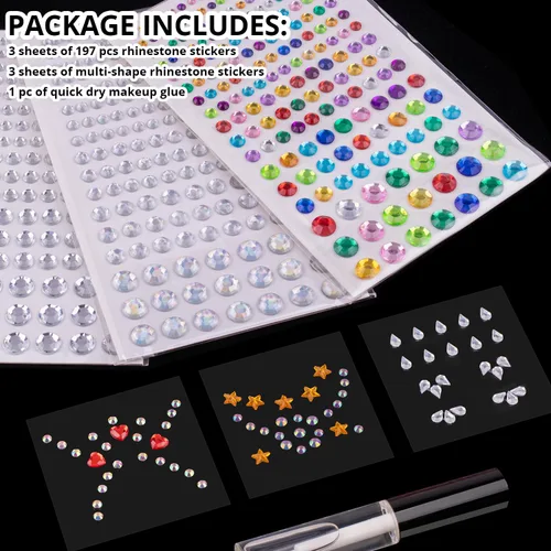 Miniatura 2 de Juego de 6 hojas de calcomanías para la cara, 2 unidades, diamantes de imitación autoadhesivos con forma de arco iris, con pegamento de maquillaje