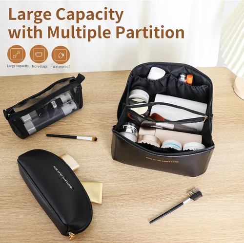 Miniatura 2 de 3 bolsas de maquillaje de viaje portátiles de gran capacidad para mujeres, estuche organizador de maquillaje plano abierto, bolsa organizadora