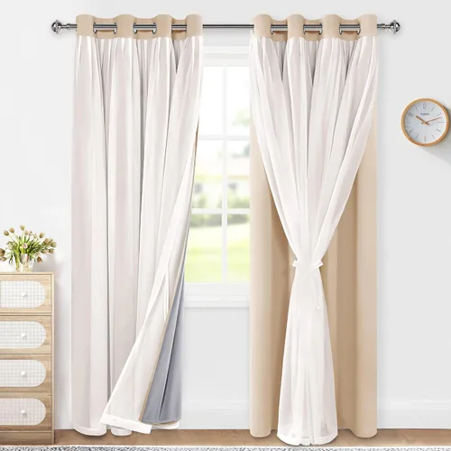 Miniatura 26 de XWZO Cortinas 100% opacas de doble capa para guardería, cortinas opacas con superposición transparente para dormitorio de niñas, cortinas