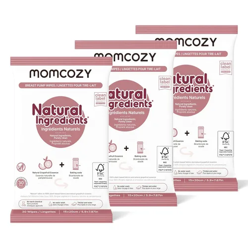 Momcozy Toallitas Naturales para Extractor de Leche para Limpieza de Piezas del Extractor Sobre la Marcha, 30 Unidades (Paquete de 3), Toallitas