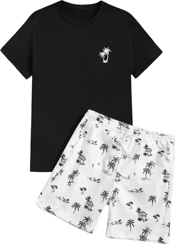 GORGLITTER Conjunto de 2 piezas de camiseta gráfica de manga corta para hombre, estampado hawaiano con cordón y pantalones cortos