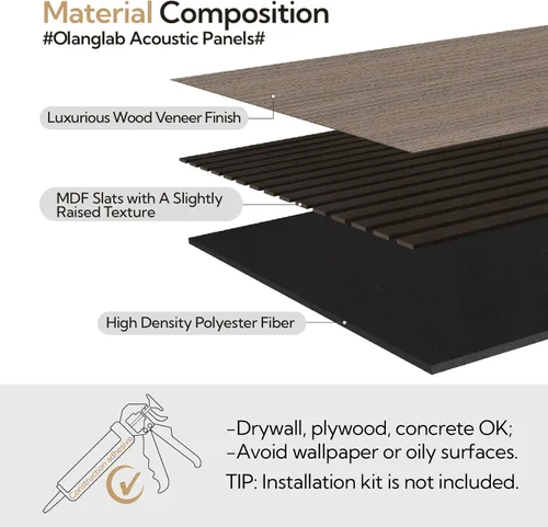 Miniatura 4 de Olanglab Paquete de 4 paneles de pared de madera acústica, paneles de pared de listones de madera con amortiguación de sonido, 23.6 x 47.2 pulgadas